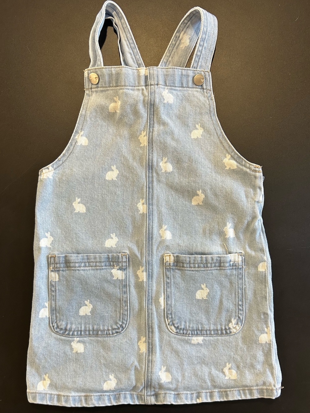 Light Blue Baby Denim Overall Style Dress with White Bunny Pattern